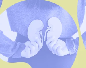 Grafika, w tle zdjęcie kobiety stojącej plecami do kadru, trzymającej w dłoniach za plecami papierowe nerki z żółtymi elementami graficznymi. Medicante