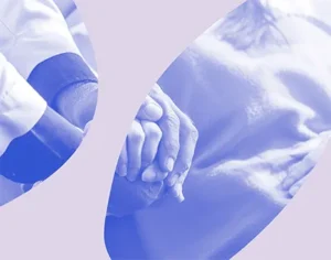 Grafika, w tle kobieta i mężczyzna trzymają się za rękę z fioletowymi elementami graficznymi. Medicante