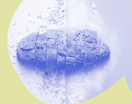 Grafika monochromatyczna w kolorze niebiesko-żółtym ze zdjęciem pokrojonego w kromki chleba.