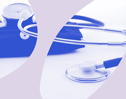 Grafika monochromatyczna w kolorze niebiesko-fioletowym ze zdjęciem stetoskopu.