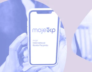 Grafika na której znajduje się telefon trzymany w ręku z napisem "moje IKP" z fioletowymi elementami graficznymi. Medicante