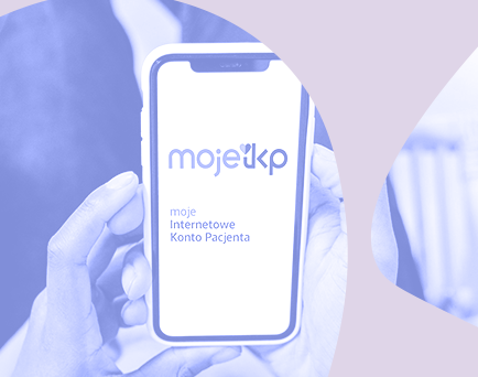 Grafika na której znajduje się telefon trzymany w ręku z napisem "moje IKP" z fioletowymi elementami graficznymi. Medicante