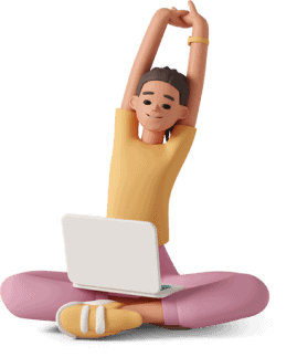 Ilustracja 3D: siedząca kobieta po turecku na podłodze z komputerem na kolanach, rozciągająca się.