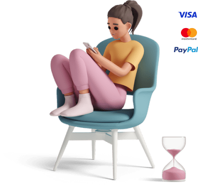 Ilustracja 3D: siedząca kobieta na fotelu, trzymająca telefon z napisem: Visa, MasterCard, PayPal.