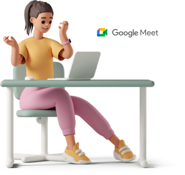 Ilustracja 3D: siedząca kobieta przy biurku, pracujący przy komputerze z napisem: Google Meet.
