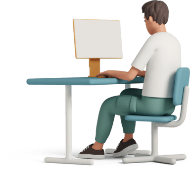 Ilustracja 3D: siedzący mężczyzna przy biurku, pracujący przy komputerze.