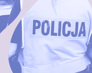 Grafika, na której znajdują się policjant w kamizelce z napisem policja z fioletowymi elementami graficznymi. Medicante