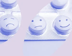 Grafika, blister tabletek z minkami z fioletowymi elementami graficznymi. Medicante