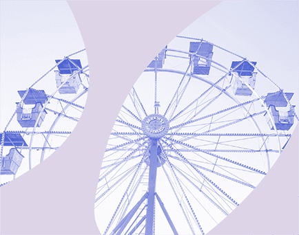 Grafika monochromatyczna w kolorze niebiesko-fioletowym ze zdjęciem koła widokowego jak w wesołym miasteczku.
