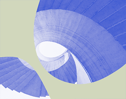Grafika monochromatyczna w kolorze niebiesko-zielonym ze zdjęciem krętych schodów.