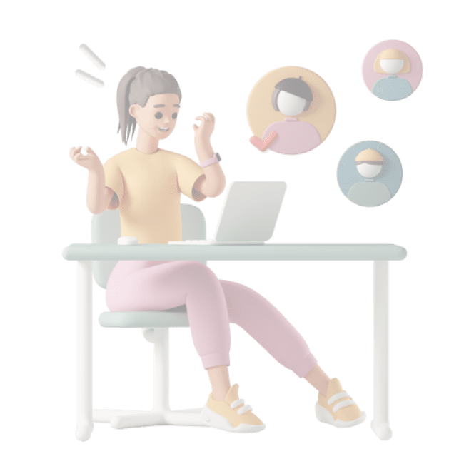 Ilustracja 3D: siedząca kobieta przy biurku, pracujący przy komputerze rozmawiająca z kimś przez kamerkę.