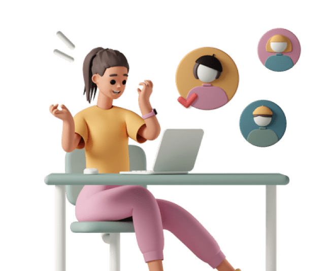 Ilustracja 3D: siedząca kobieta przy biurku, pracujący przy komputerze rozmawiająca z kimś przez kamerkę.