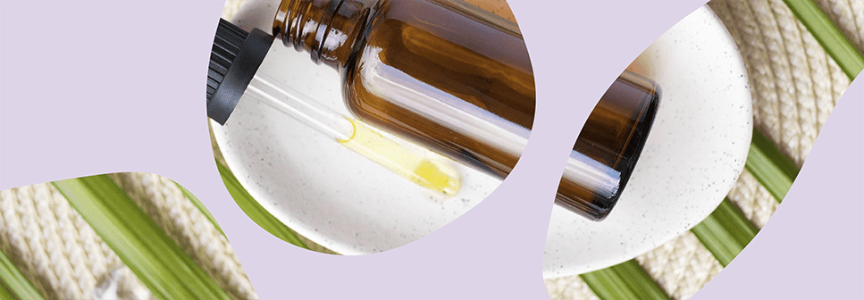 Zdjęcie odkręconej brązowej buteleczki obok której leży pipeta z olejem w środku z fioletowym motywem graficznym na zdjęciu.