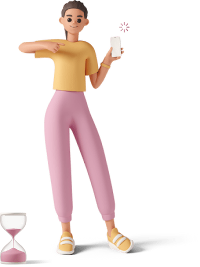 Ilustracja 3D: stojąca kobieta która trzyma w ręku telefon.