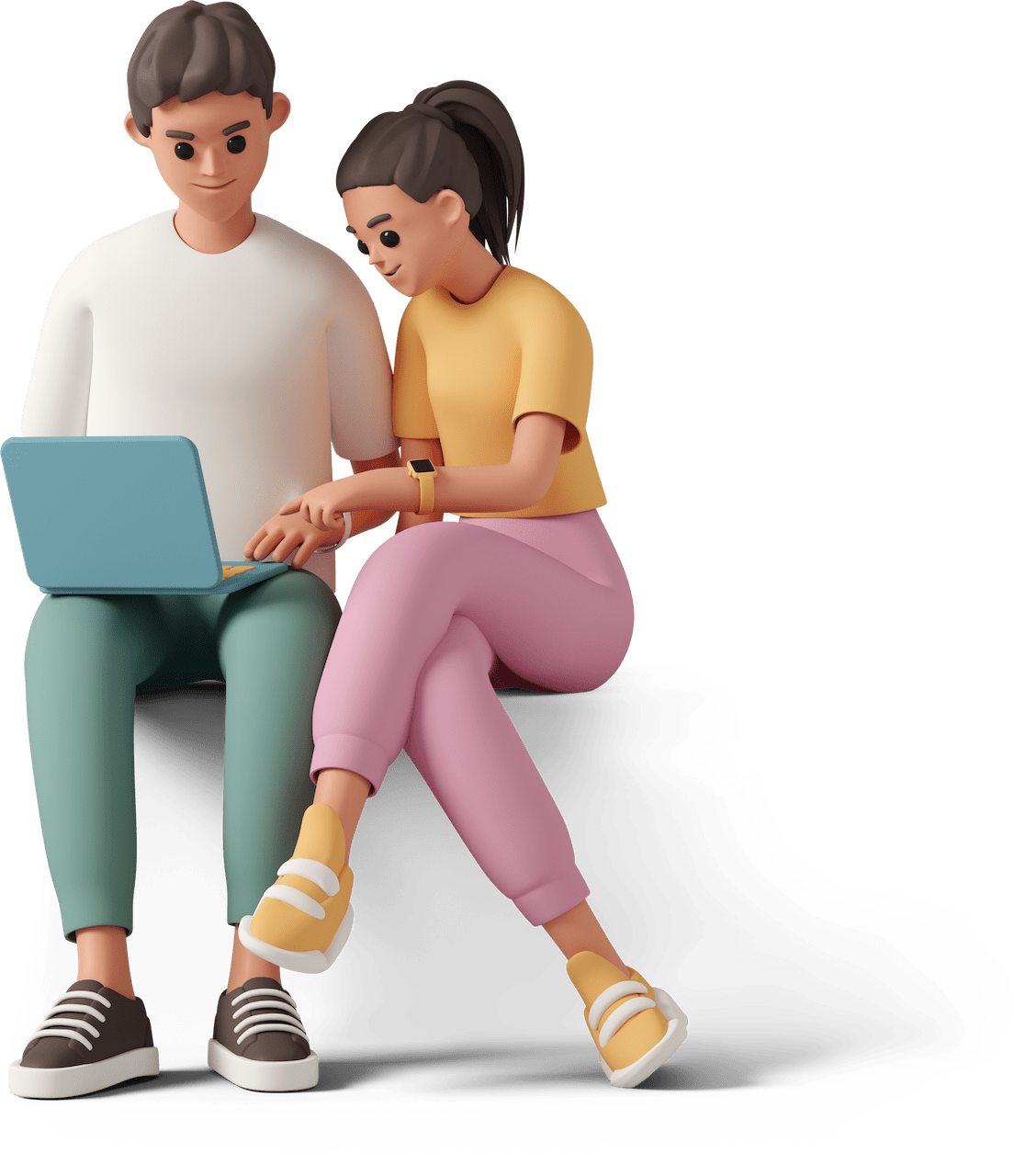 Ilustracja 3D, na której znajdują się dwie postacie mężczyzna i kobieta. Siedzą obok siebie, mężczyzna trzyma komputer na kolanach a kobieta patrzy na monitor i coś wskazuje.