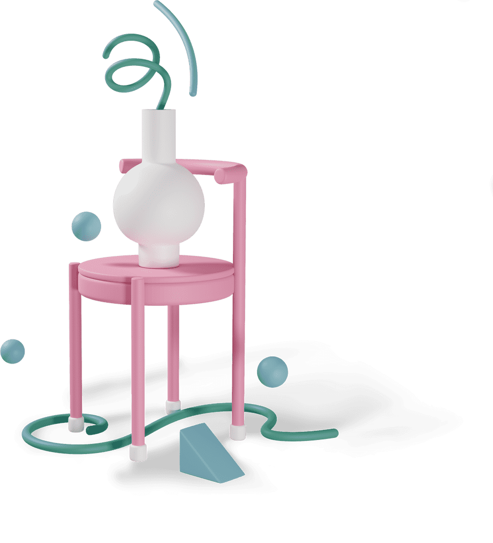 Ilustracja 3D na której znajduje się różowe krzesło a na nim biały wazon, wokół wszystkiego unoszące się geometryczne zielone formy.