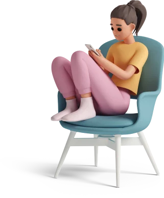 Ilustracja 3D: siedząca kobieta na fotelu, trzymająca telefon.